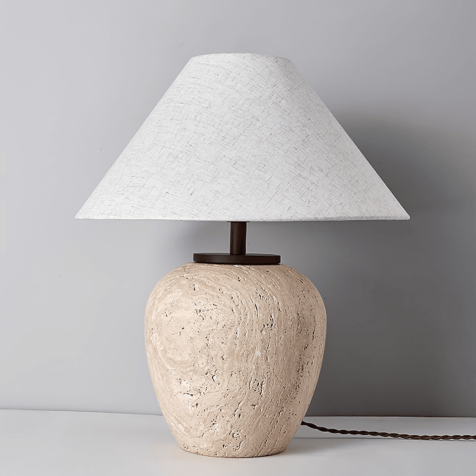 Aoji Travertine Table Lamp - Hand-Polished Stone with Fabric Shade, 48cm, for Modern Decor - Fancy and Decorative lights - Brand name jagmag lights