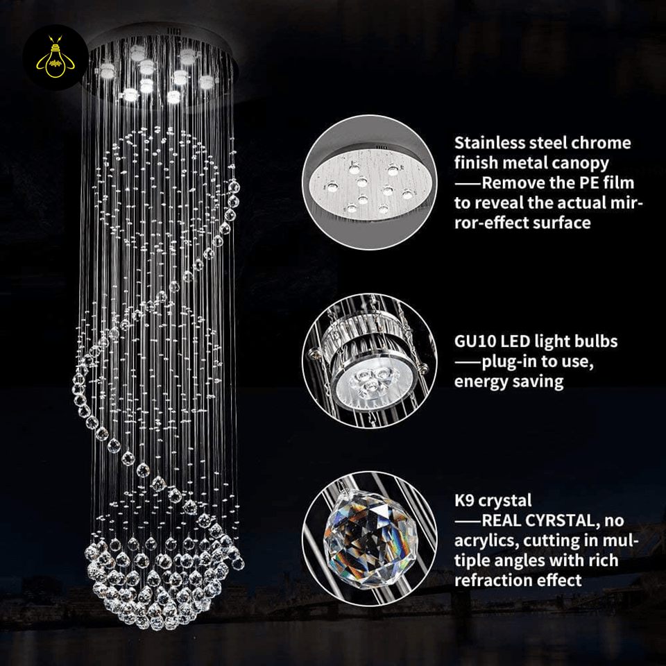 Jagmag Lights Modern LED Crystal Chandelier with Spiral Design, 3 Crystal Balls, for Living Room and Lobby - Jagmag Lights