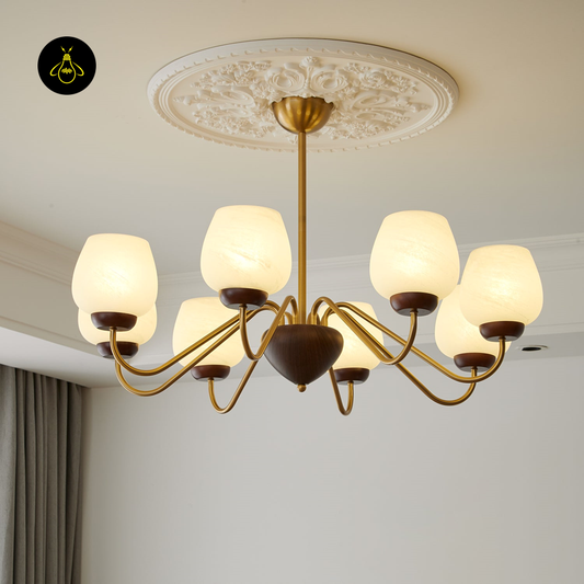 Aurorium Hallway Chandelier with Globe Glass Shades | Gold & Walnut Finish | Jagmag Lights