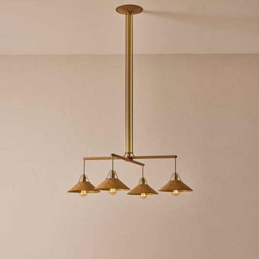 Oak & Leather Wooden Chandelier – Brass Poles & E27 Holder | Wooden Chandelier for Living & Dining | Jagmag Lights