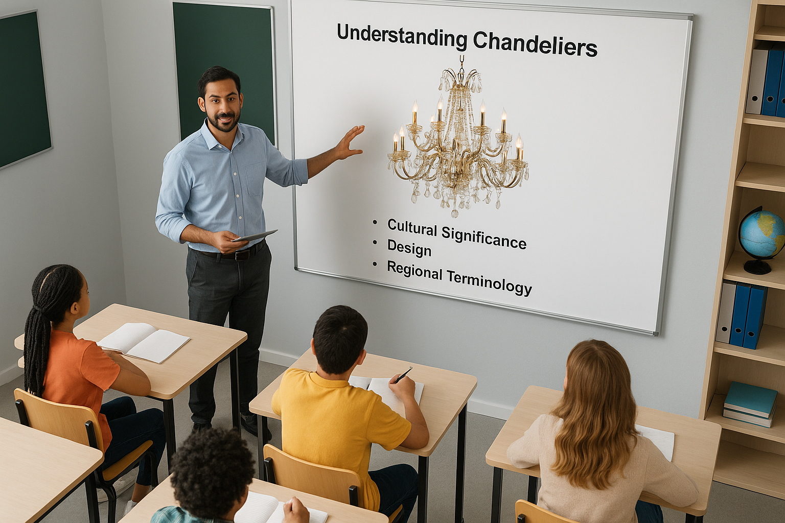 a teacher teaching about chandeliers in a modern class room , bird eye angle