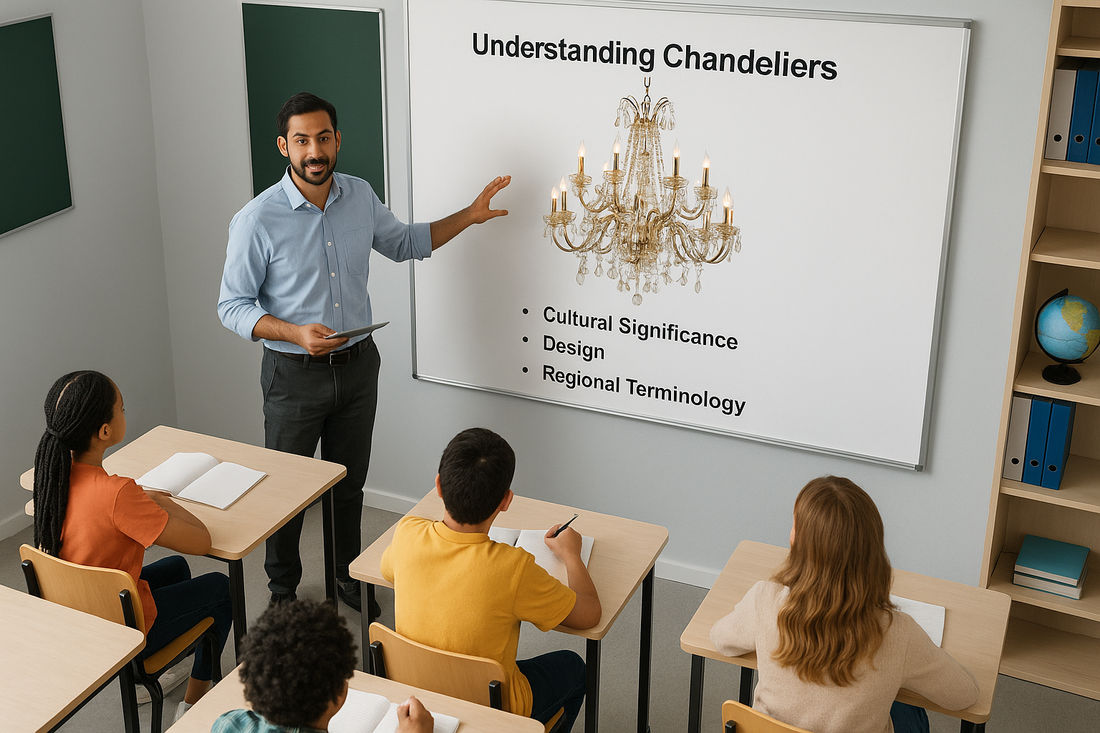 a teacher teaching about chandeliers in a modern class room , bird eye angle