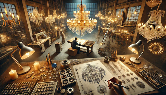 An artistic scene showcasing the chandelier customization process: a designer working on detailed sketches