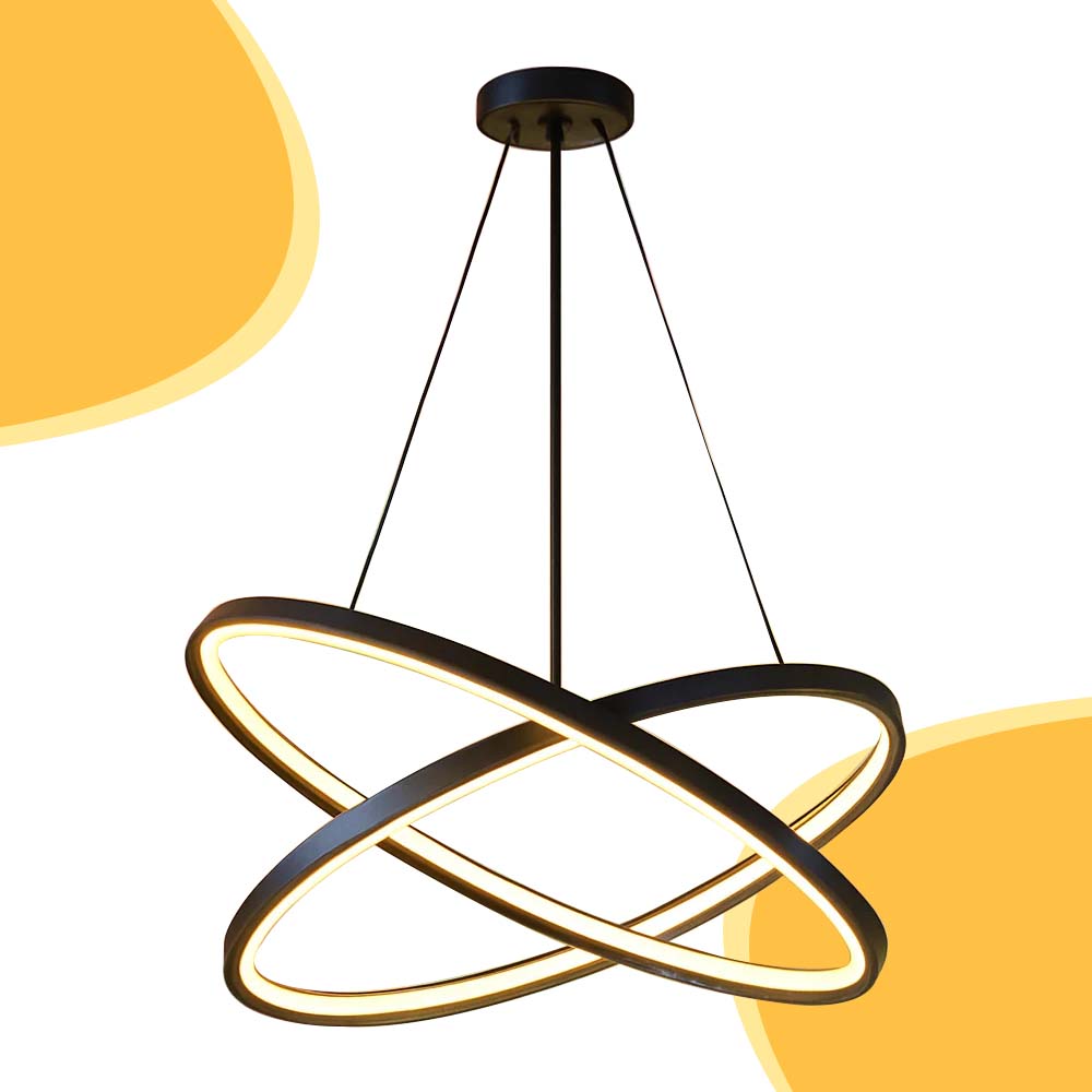 a stylish Modern LED chandelier mounted on a clean surface. The background has a vibrant, abstract, flowing, fluid pattern design incorporating soft gradients. 