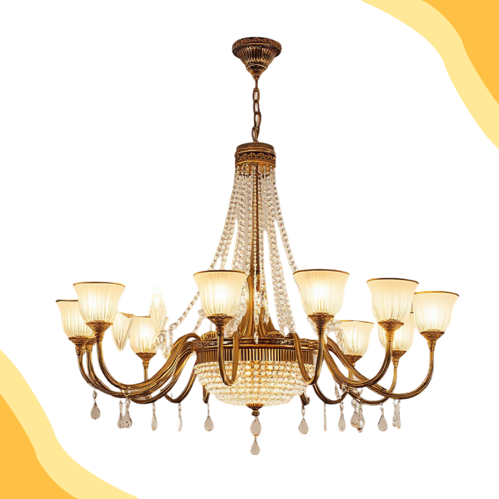 a stylish Crystal chandelier mounted on a clean surface. The background has a vibrant, abstract flowing fluid or wavy pattern design incorporating soft gradients. 