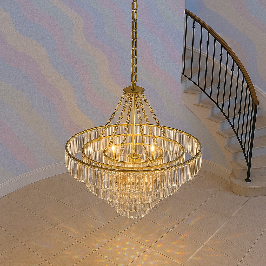 6-tier crystal chandelier centered in a marble foyer, capturing its 360° prismatic reflections