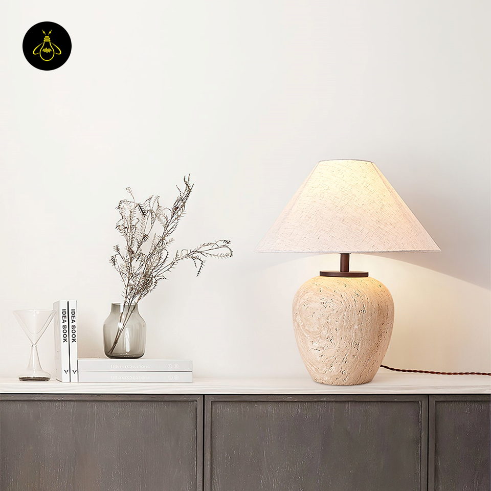 Aoji Travertine Table Lamp - Hand-Polished Stone with Fabric Shade, 48cm, for Modern Decor