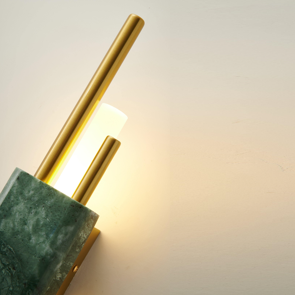 Jagmag Tanto Modern Wall Sconce with Green Marble and Opal Glass, 23.6" High, for Living Room