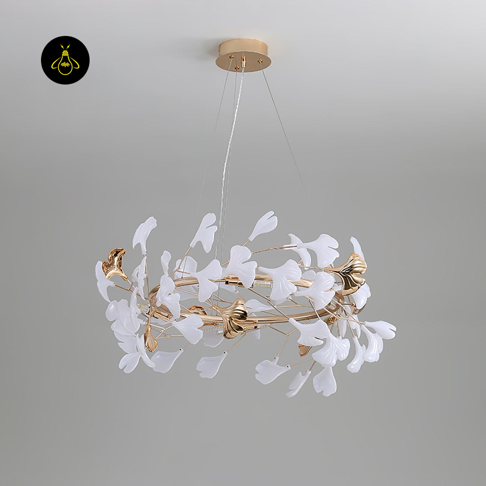 Jagmag Lights Ginkgo Leaf Chandelier with Ceramic Leaves, 31.5″ Diameter, Adjustable Height, for Living Room or Dining Room