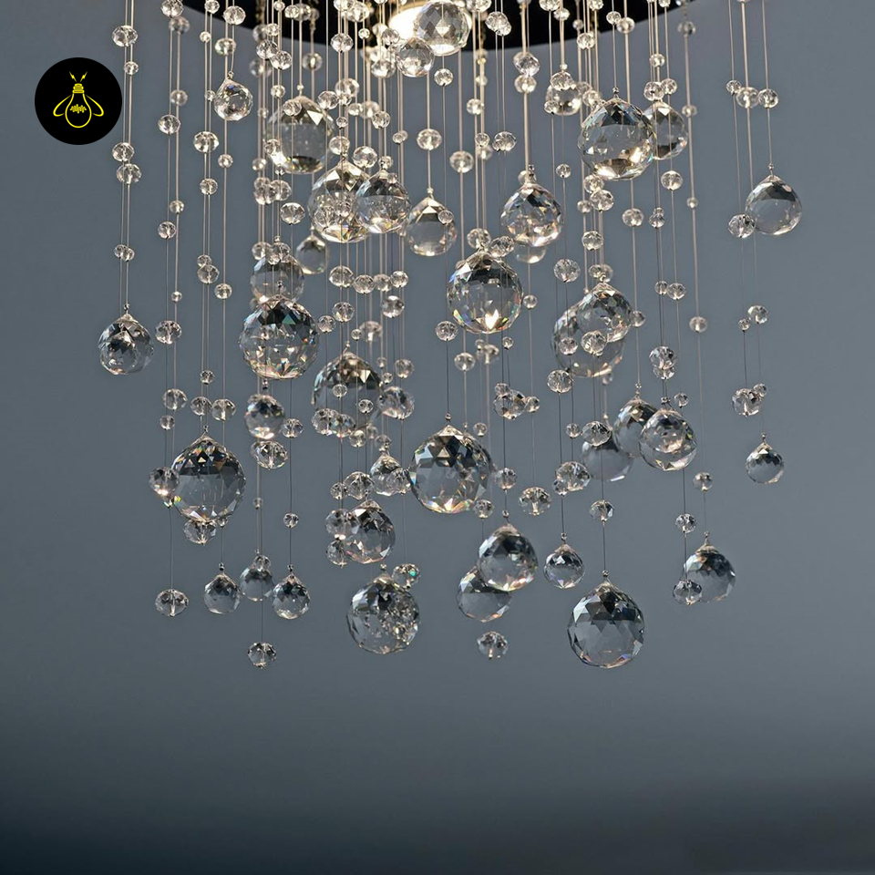 Crystal Raut Ball Chandelier with Stainless Steel Mirror, Gold/Black Finish, for Living Room or Dining Room