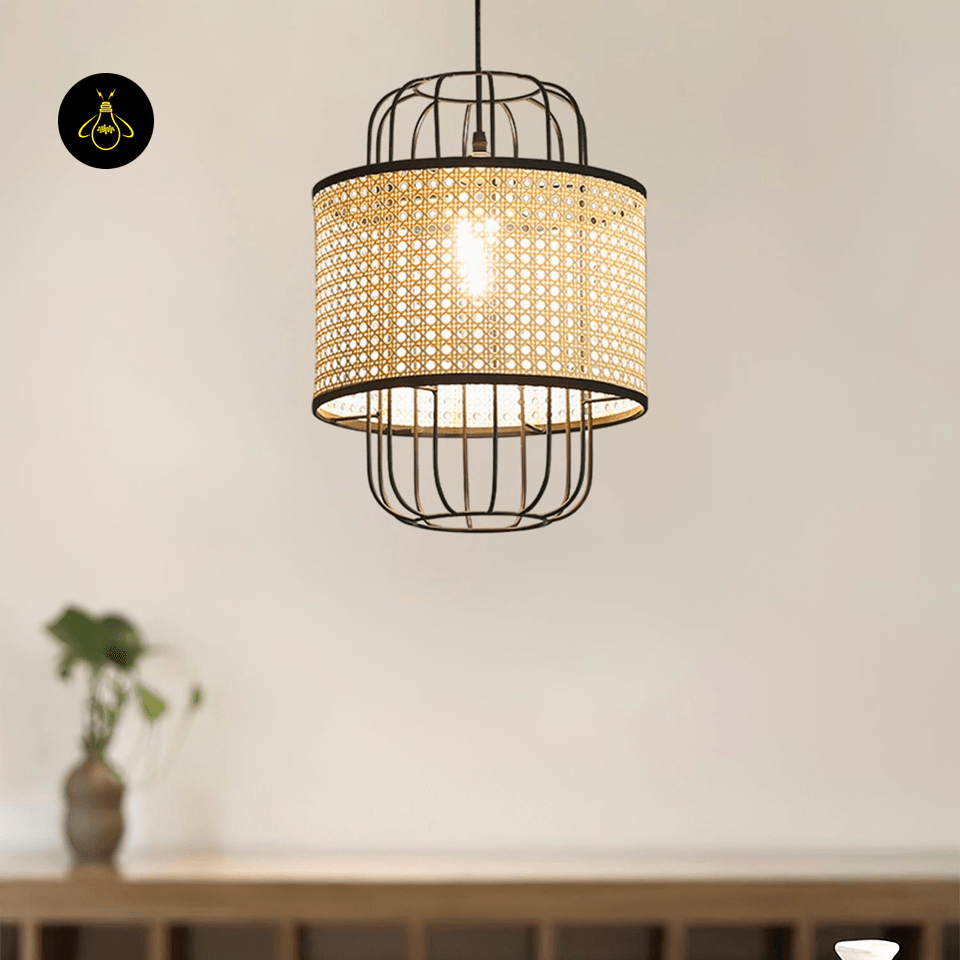 Jagmag Lights Rattan Pendant Lamp | Modern Woven Design | Natural Rattan Shade | 11.8-Inch | Natural Wood/Black Finish | For Living Room, Bedroom | Unique Shadow Play - Jagmag Lights