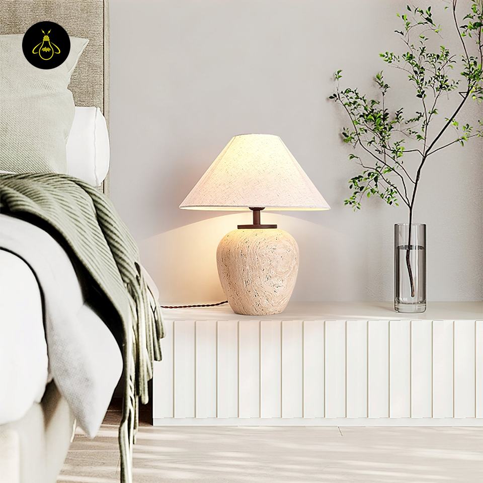 Aoji Travertine Table Lamp - Hand-Polished Stone with Fabric Shade, 48cm, for Modern Decor