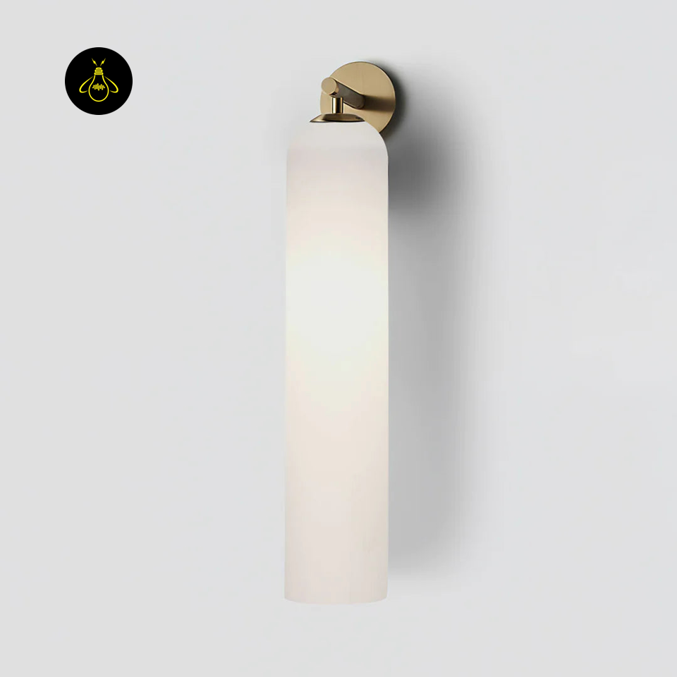 Jagmag Art Glass Sconce with Soaring Cylindrical Form, Gold Finish, for Indoor Use.