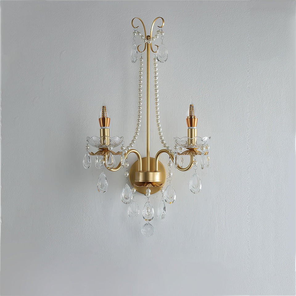 Jagmag Crystal Wall Sconce with Pearl Chain, French Design, 25.2" High, for Hallway, Bedroom & Living Room