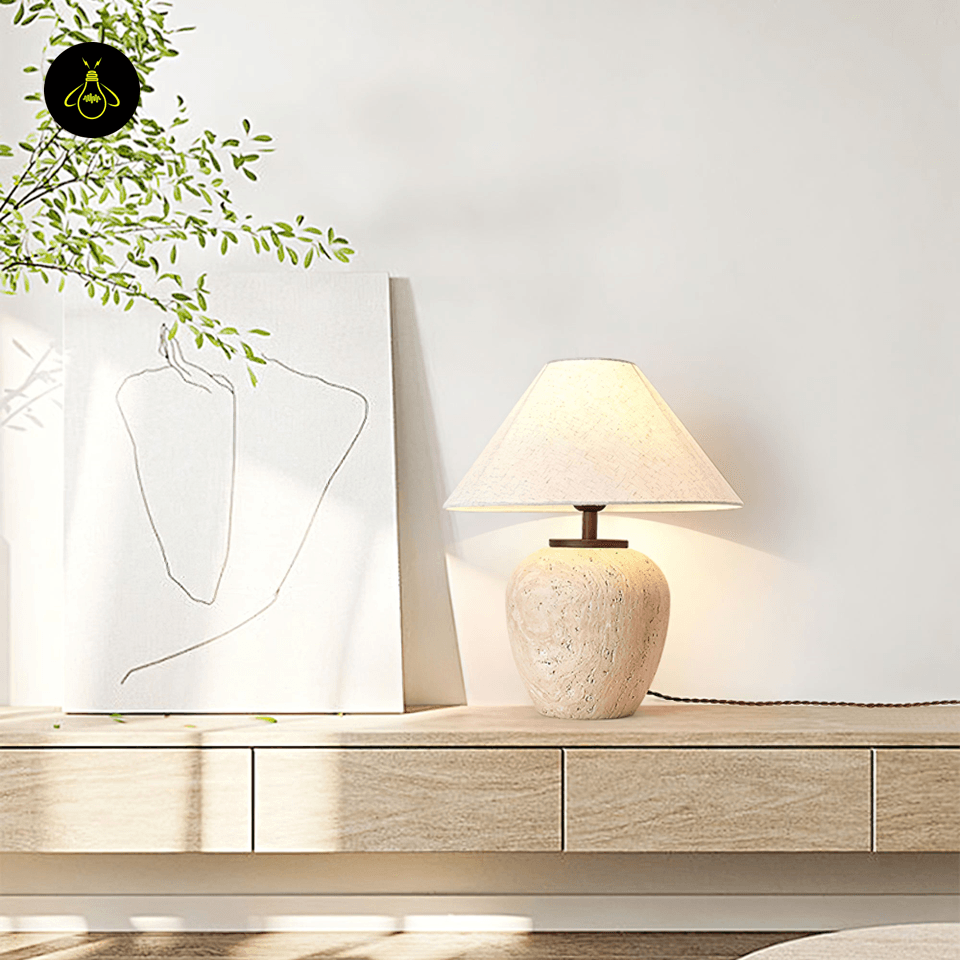 Aoji Travertine Table Lamp - Hand-Polished Stone with Fabric Shade, 48cm, for Modern Decor - Fancy and Decorative lights - Brand name jagmag lights