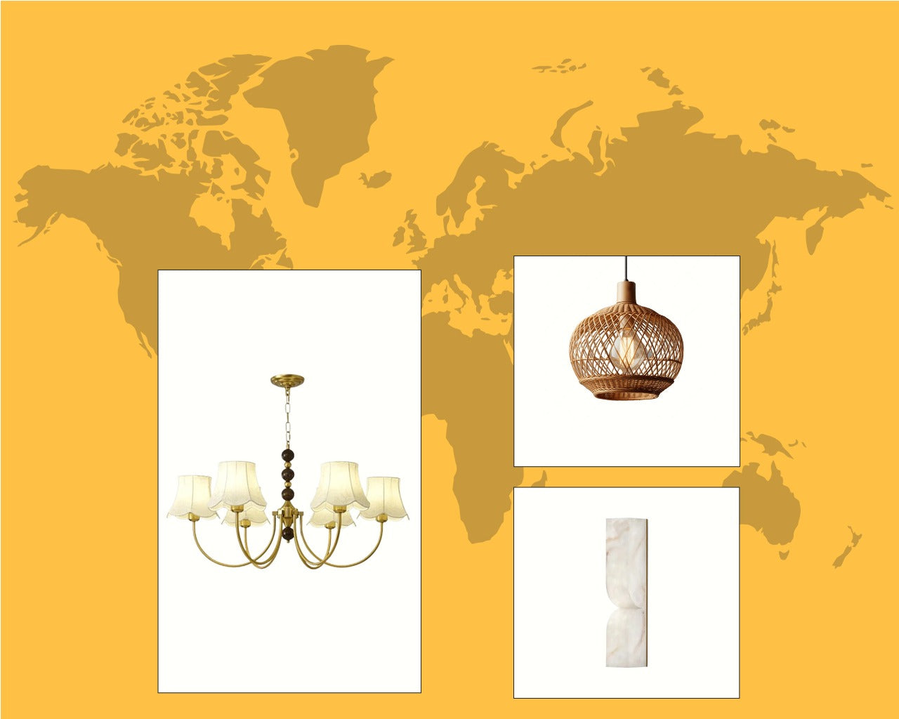 Decorative wall art with a world map and lighting fixtures on a yellow background