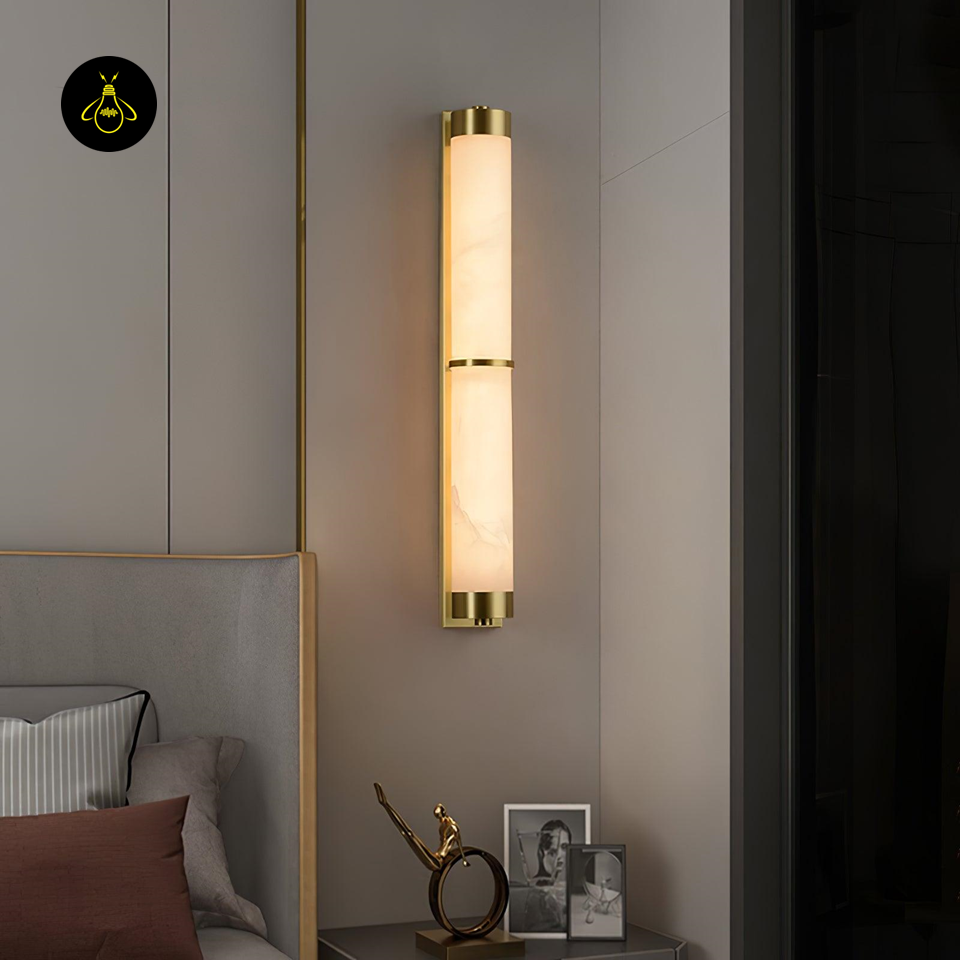 Jagmag Lights Alabaster Brass Wall Light with Integrated LED, 60cm Height, Warm 3000K Light, for Bedrooms & Living Rooms