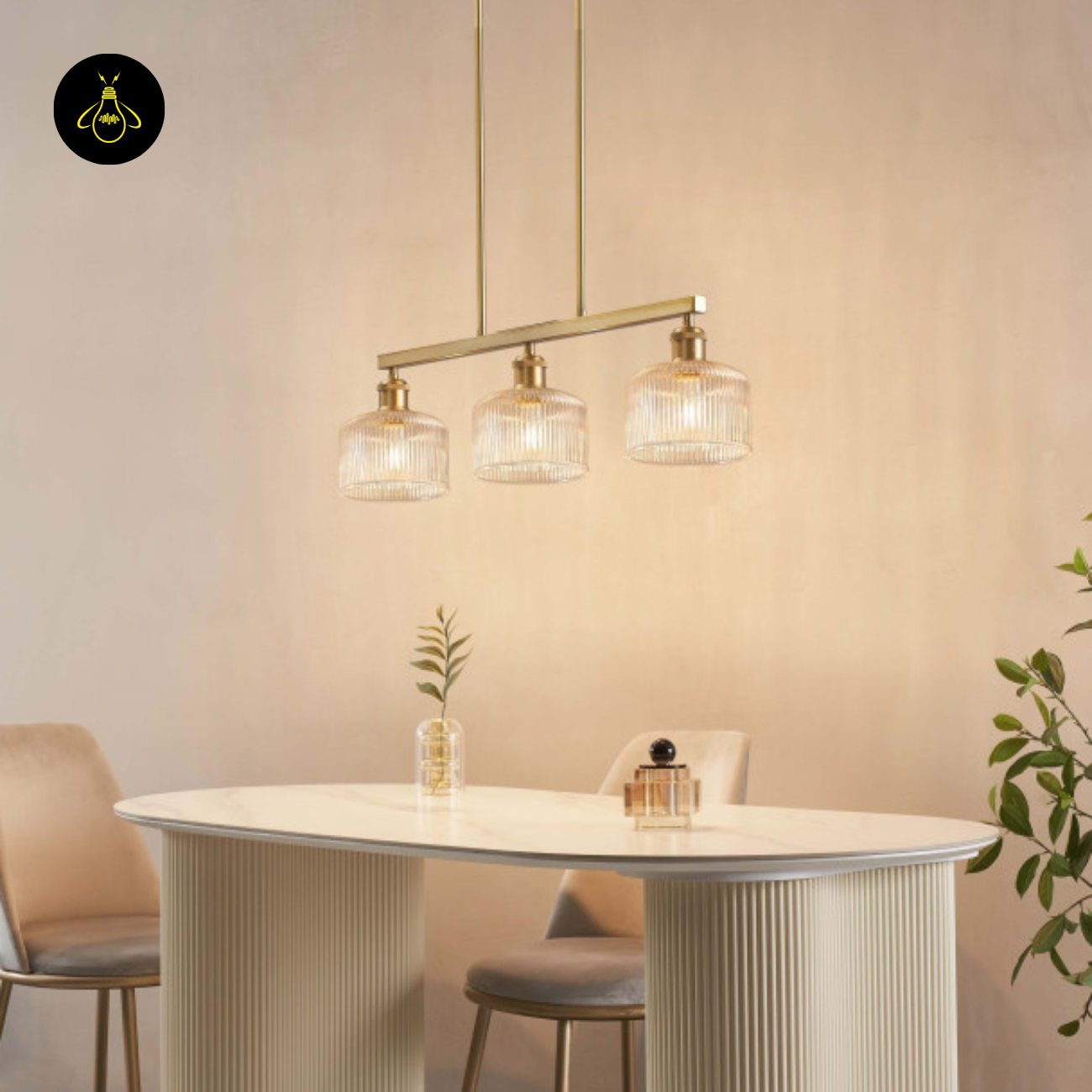 Brass Triple Pendant Light – Vintage Ribbed Glass | Vintage Brass Pendant Light  | Jagmag Lights