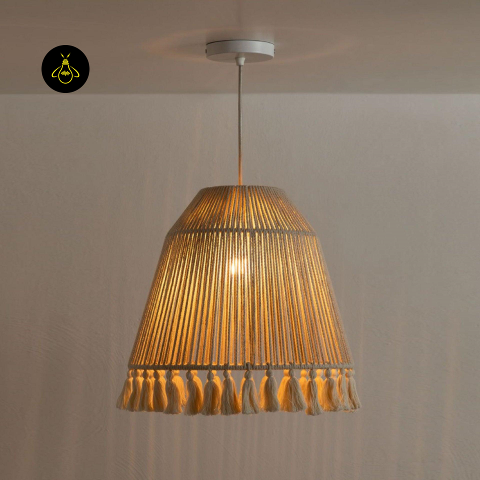 Sustainable Hemp Rope Pendant Light with Elegant Tassel Design, Natural Beige, 16.1 Inch x 15.7 Inch | Jagmag Light