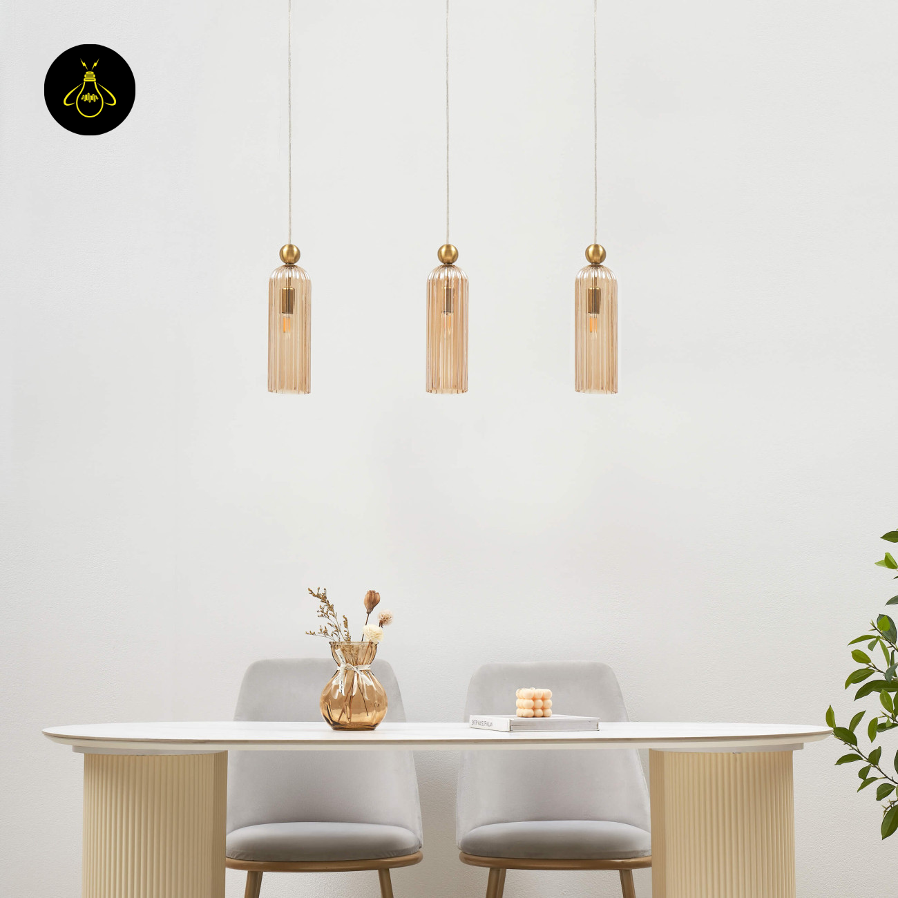 Gold Plated + Amber Fluted Glass Pendant  Leonora | Amber Glass Pendant Light for Dining & Living | Jagmag Lights
