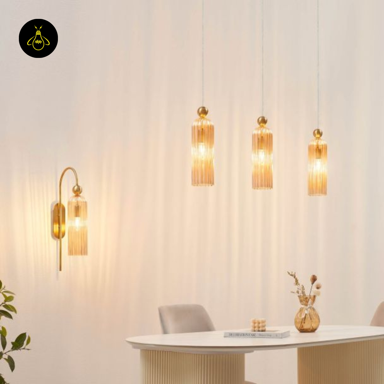 Gold Plated + Amber Fluted Glass Pendant  Leonora | Amber Glass Pendant Light for Dining & Living | Jagmag Lights