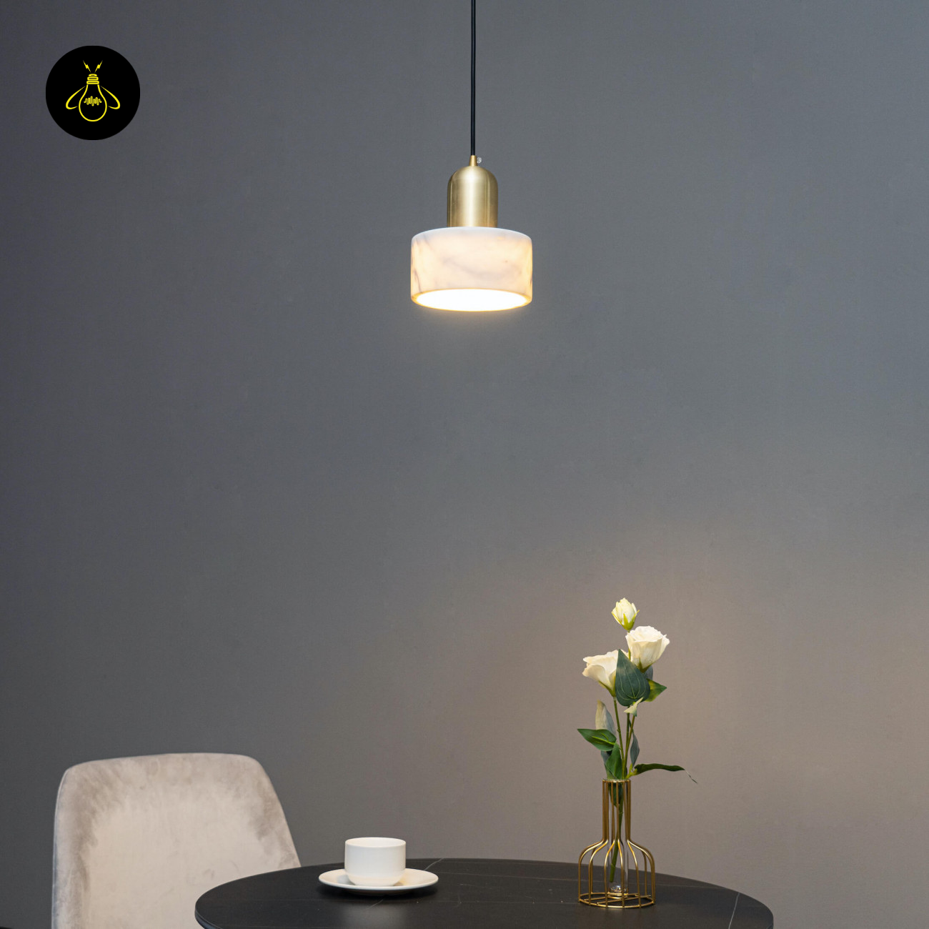 Natural Marble + Gilded Metal Pendant – Meryl | Marble Cylinder Lighting | Jagmag Lights