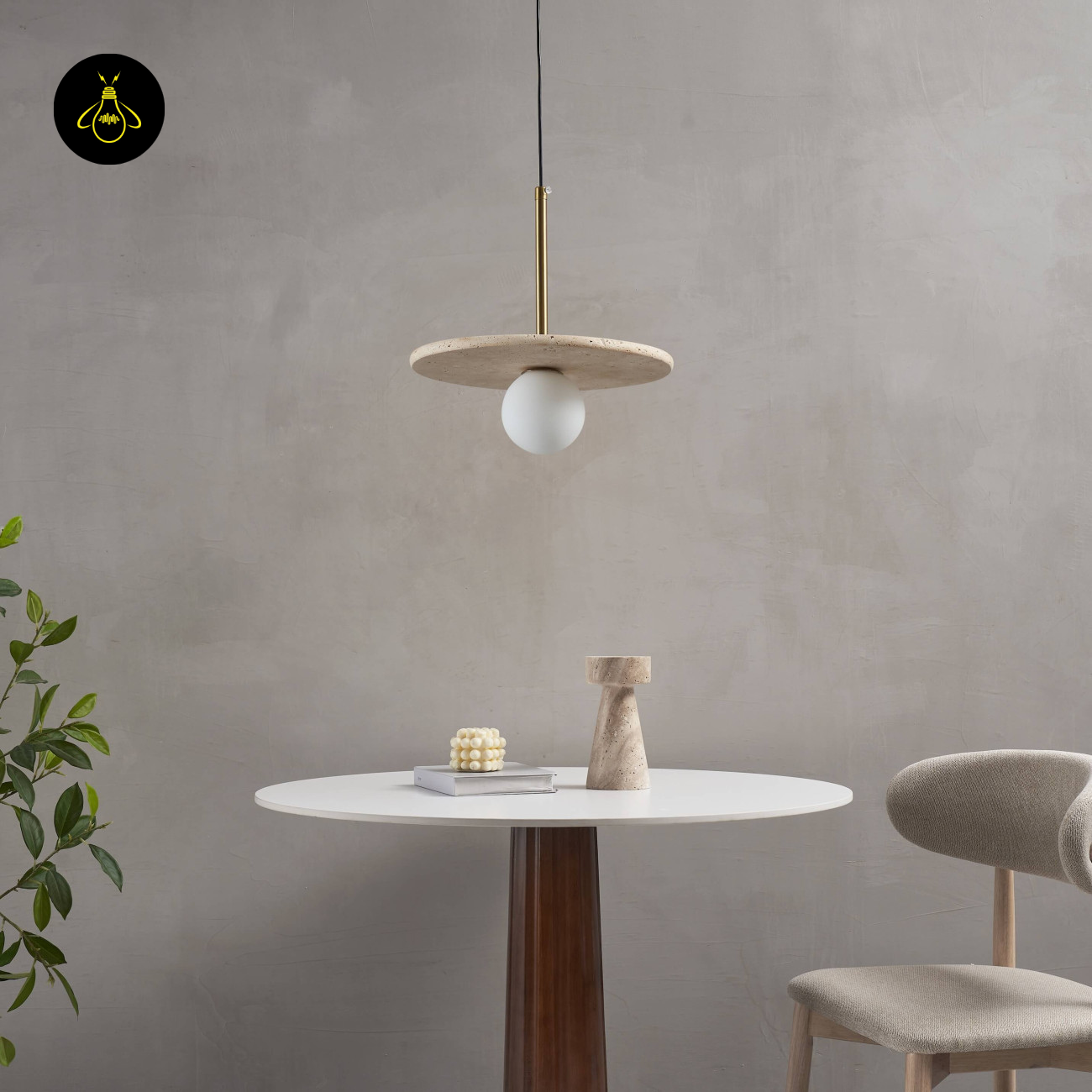 Natural Stone & Glass Pendant – Travertine + Opal Globe | Silvia Hanging Light | Jagmag Lights