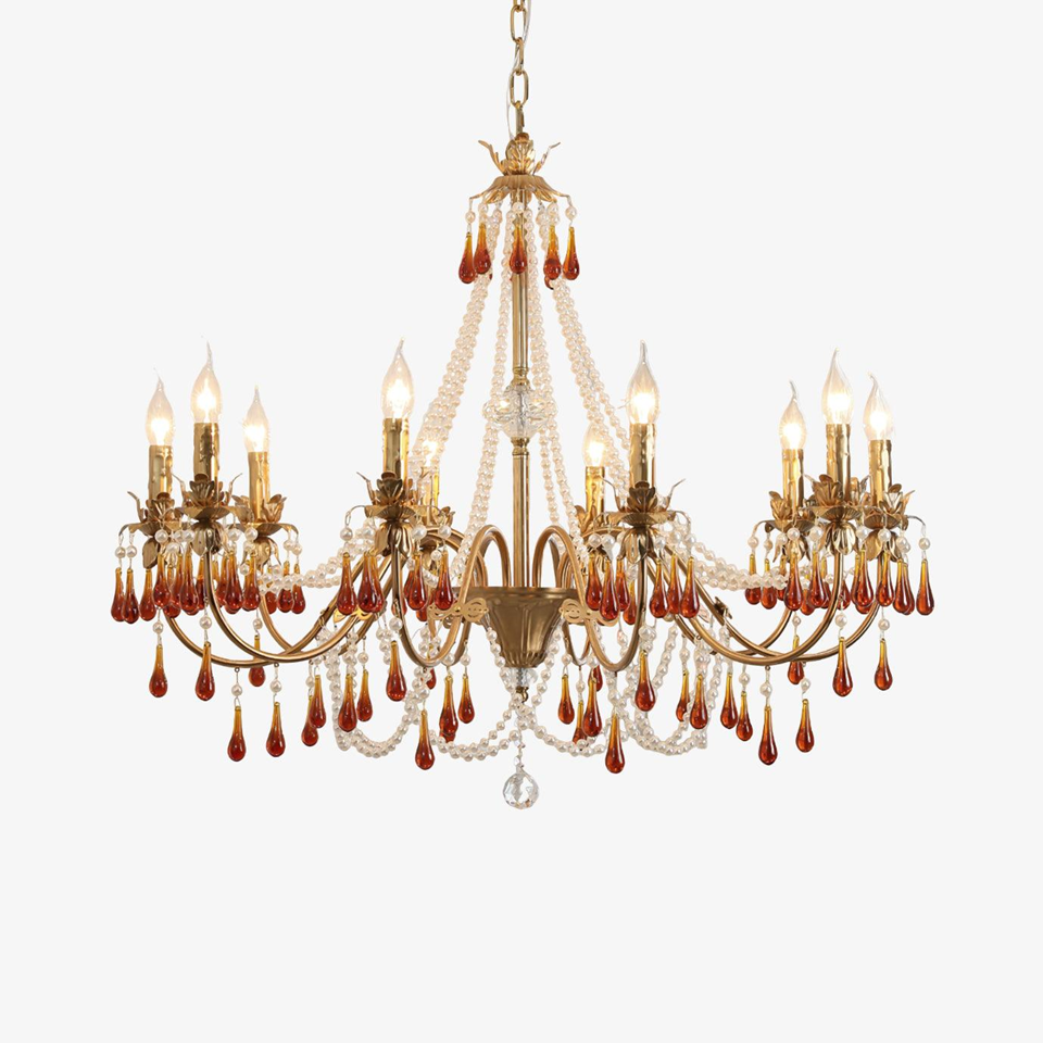 Jagmag Lights Amber Crystal Chandelier with Golden Finish, 31.5″ Diameter, Adjustable Height, for Living Room or Dining Room