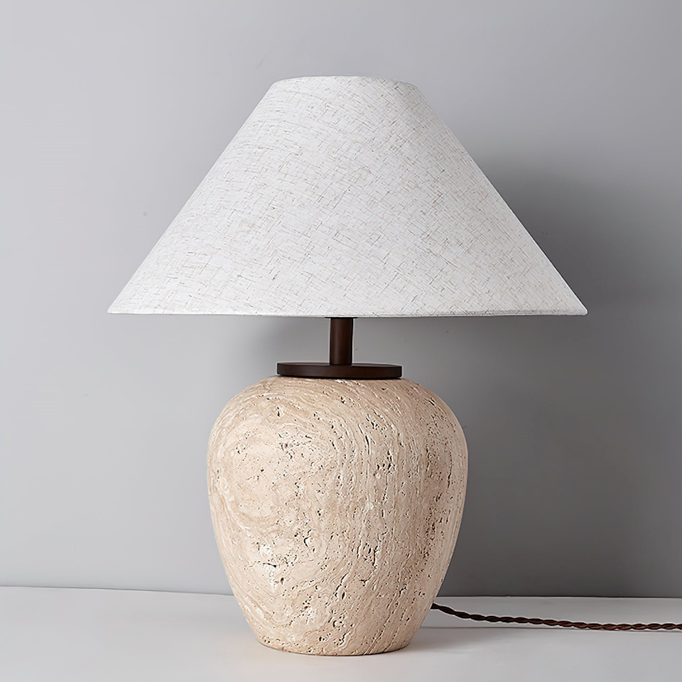 Aoji Travertine Table Lamp - Hand-Polished Stone with Fabric Shade, 48cm, for Modern Decor