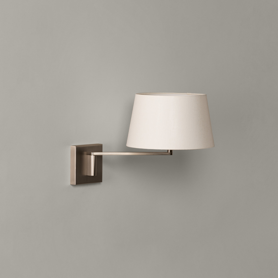 Jagmag Lights Wall Light with Rotating Arm – Satin Nickel Finish, Off White Linen Shade, Modern Swing Motion, Bedroom Accent