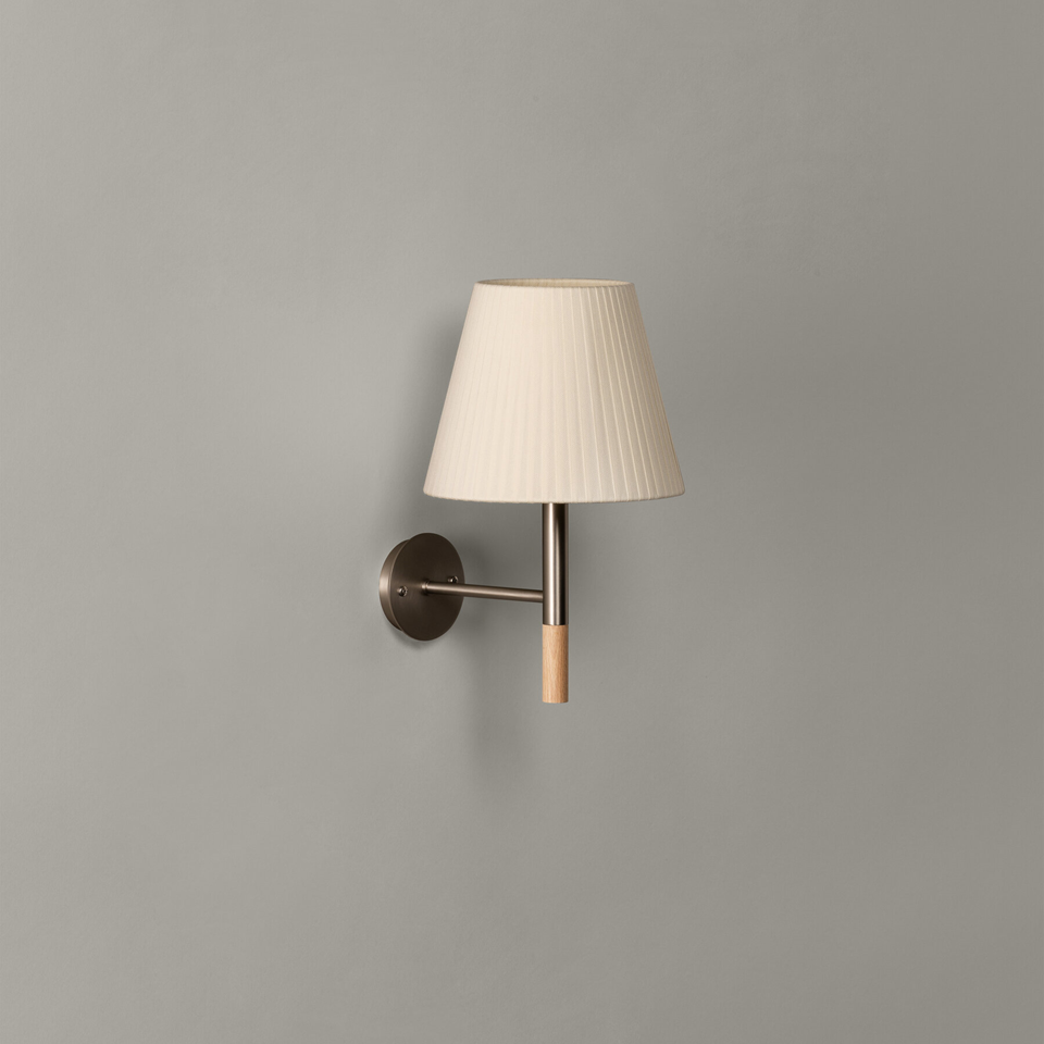 Jagmag Lights Wall Light for Bedroom | Satin Nickel and Wood | Fixed Arm | Off-White Shade | Modern Minimalist Design
