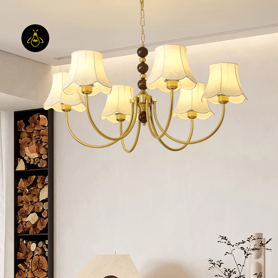 Fabric Shade Chandelier - Jagmag Modern Gold & Wood Chandelier - 6 Lights, 35.4-Inch - Living Room Lighting - Fancy and Decorative lights - Brand name jagmag lights