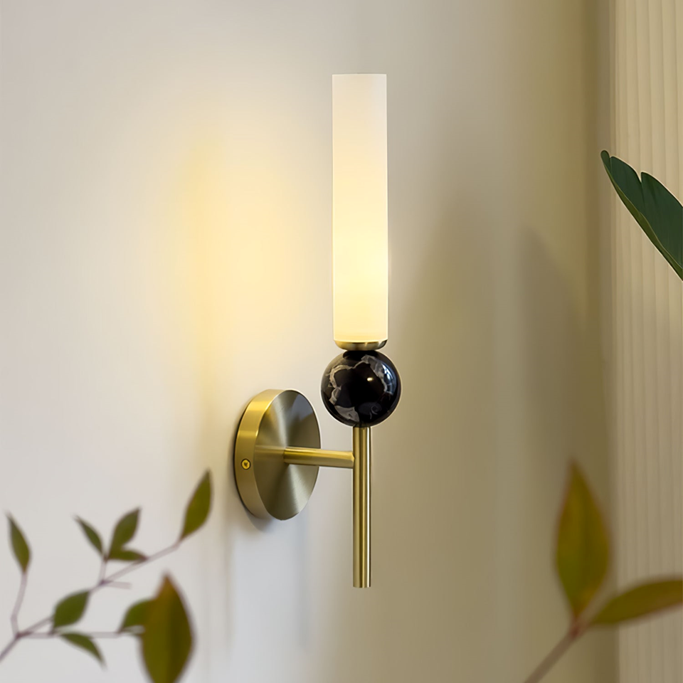 Jagmag Modern Wall Sconce with Marble Sphere, Brass Finish, and Acrylic Diffuser, 45.3" High