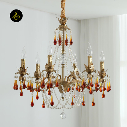 Jagmag Lights Amber Crystal Chandelier with Golden Finish, 31.5″ Diameter, Adjustable Height, for Living Room or Dining Room