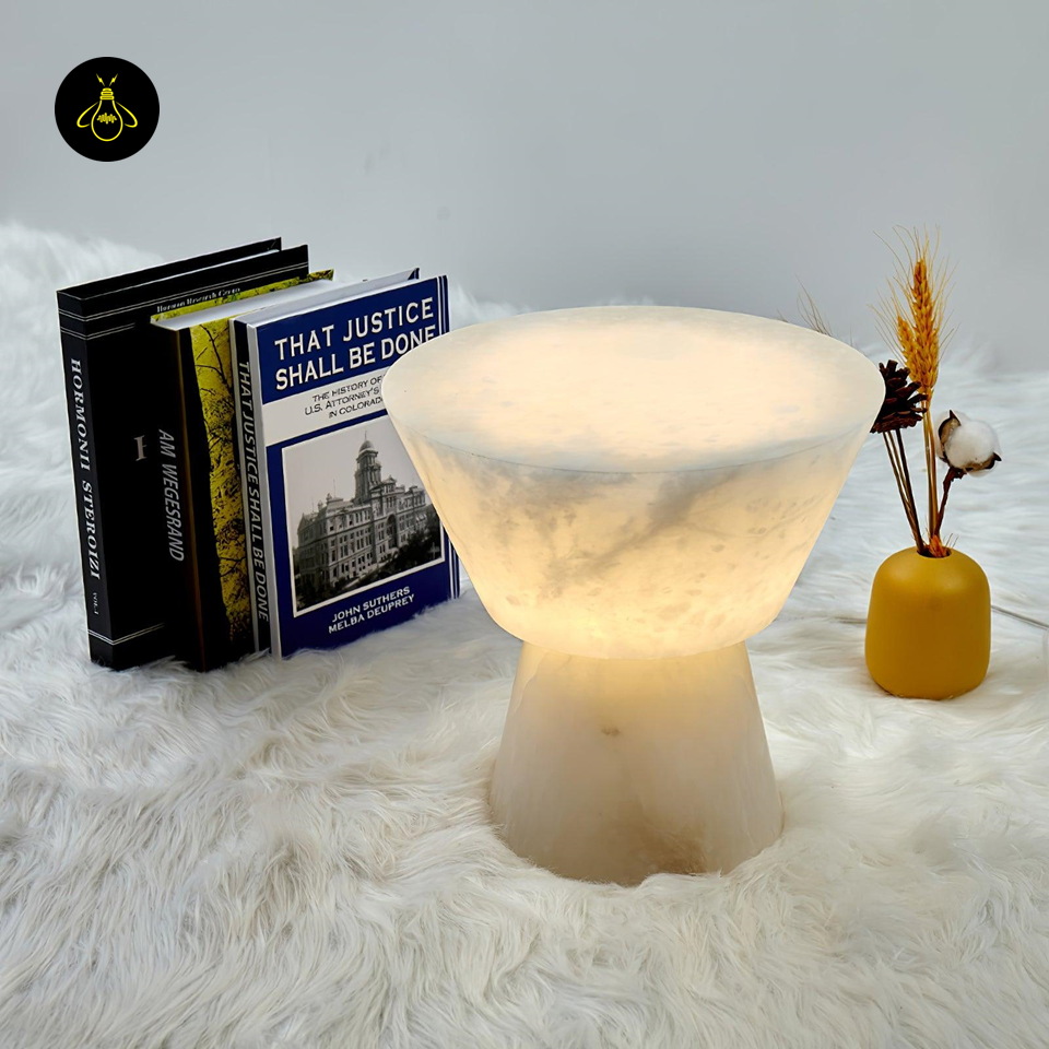 Jagmag Beta Marble Table Lamp - White with Brass Trim, 20cm/28cm, for Elegant Homes