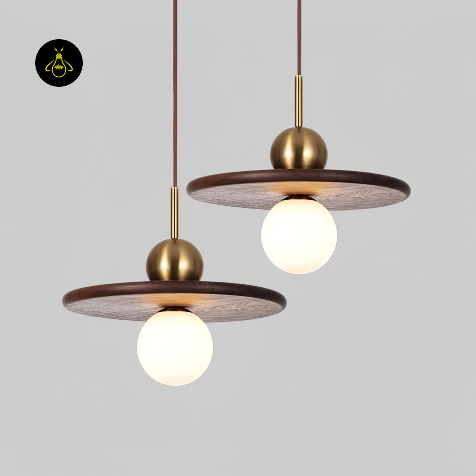 Jagmag Lights Modern Glass Pendant Lamp | Walnut & Gold | 11.8" | White Shade | Made in India