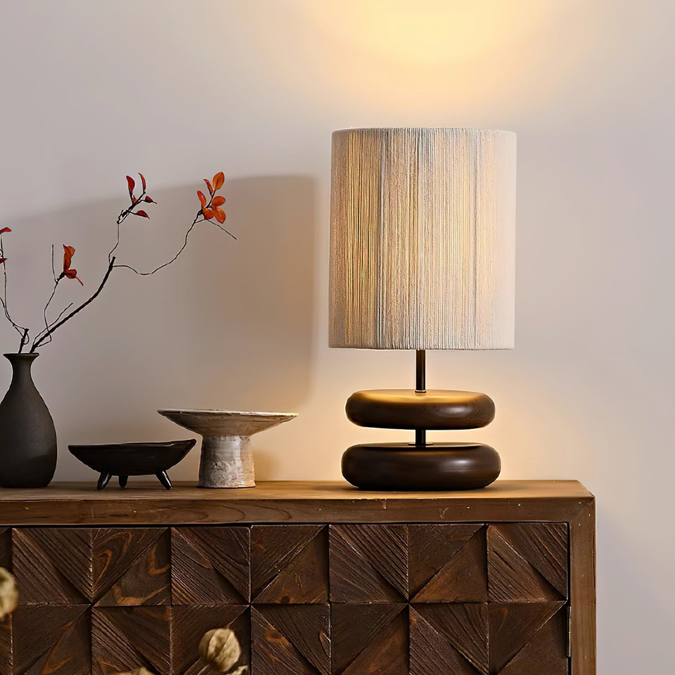 Jagmag Wabi Sabi Wooden Table Lamp - Handcrafted with Hemp Rope Shade, 22cm Diameter, for Unique Interiors