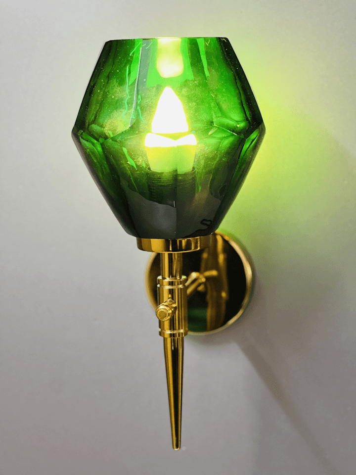 Green crystal wall light showcasing the E27 bulb socket and the ease of bulb replacement. (Keywords: wall lights for home, green crystal wall light, E27 bulb socket, easy bulb replacement)