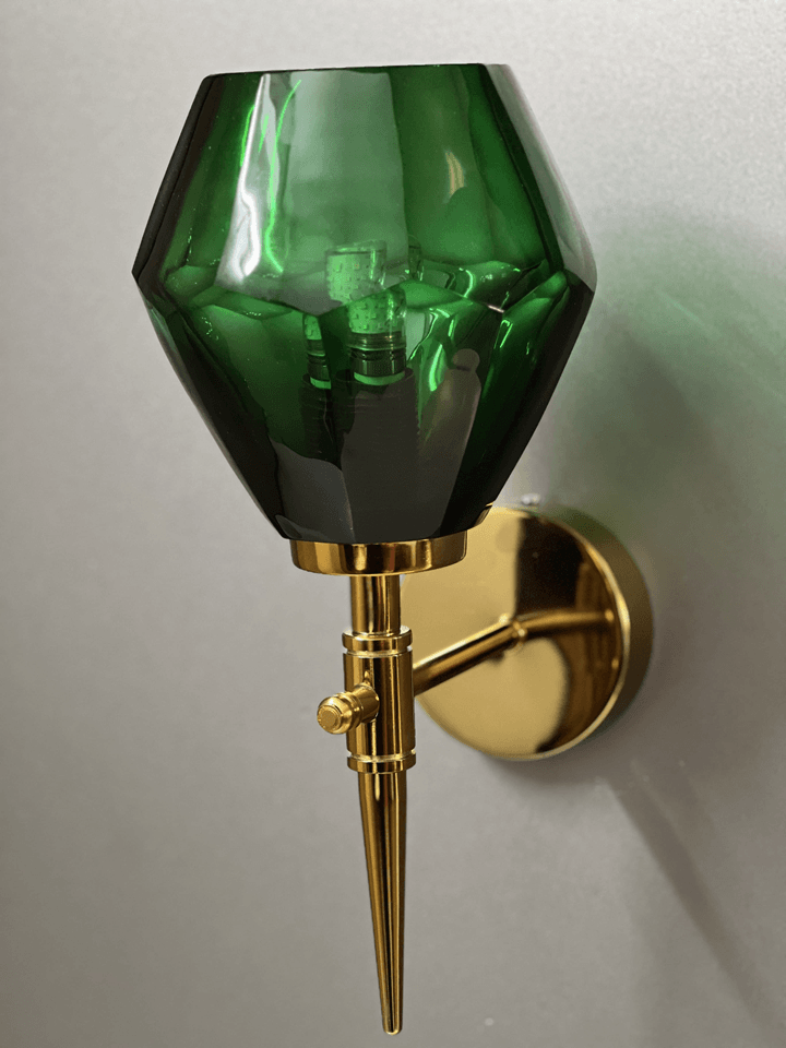 Green crystal wall light displayed in a traditional Indian home setting, adding a modern twist. (Keywords: wall lights for home, green crystal wall light, traditional Indian home)