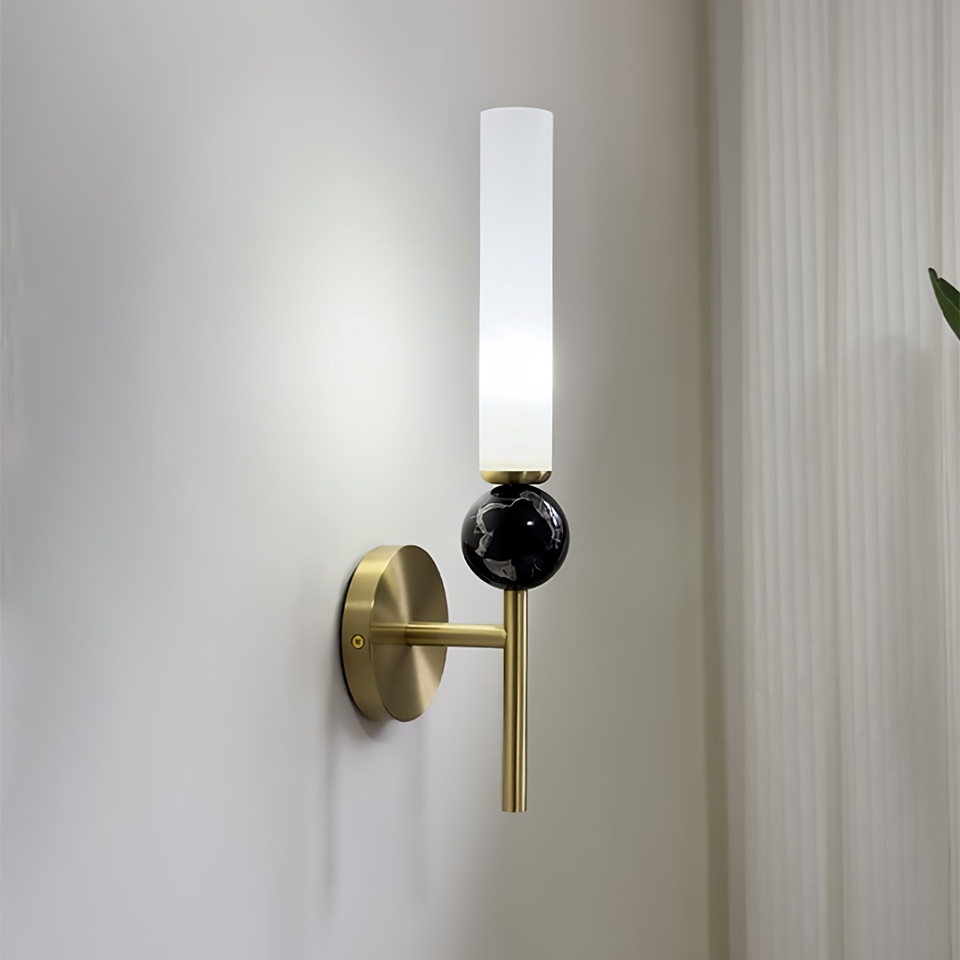 Jagmag Modern Wall Sconce with Marble Sphere, Brass Finish, and Acrylic Diffuser, 45.3" High