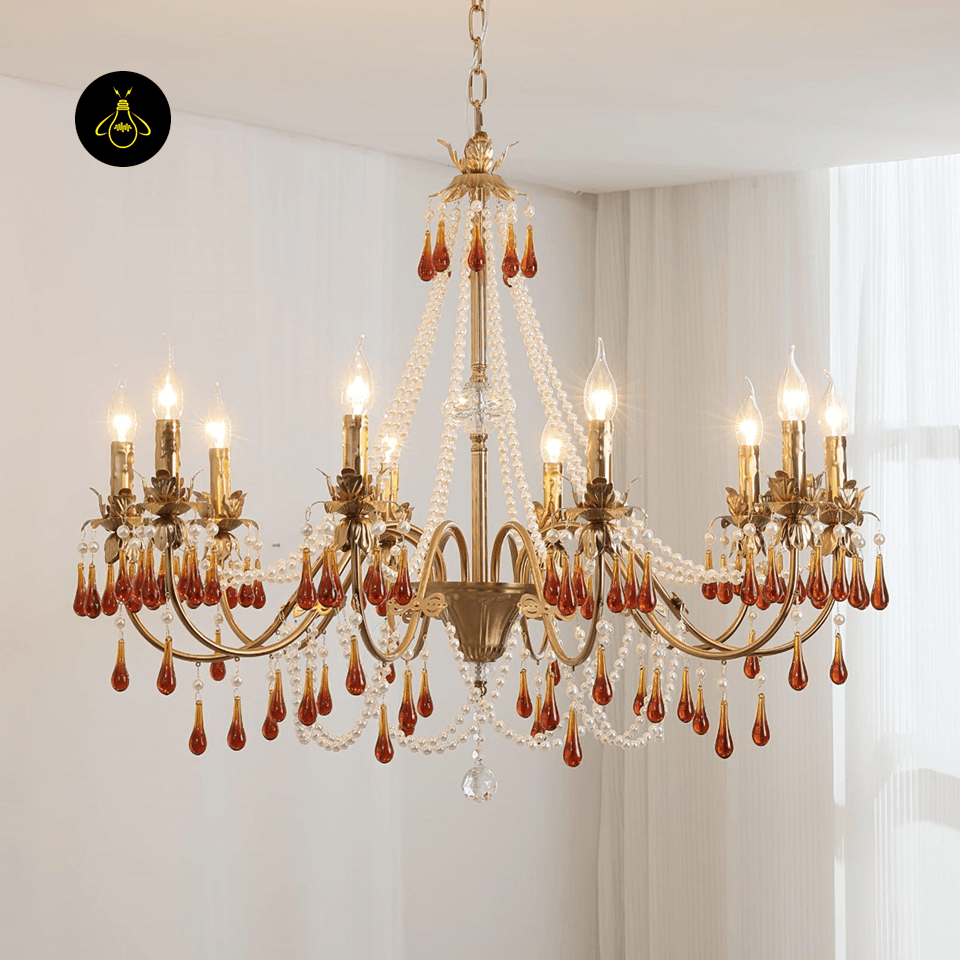 Jagmag Lights Amber Crystal Chandelier with Golden Finish, 31.5″ Diameter, Adjustable Height, for Living Room or Dining Room - Fancy and Decorative lights - Brand name jagmag lights