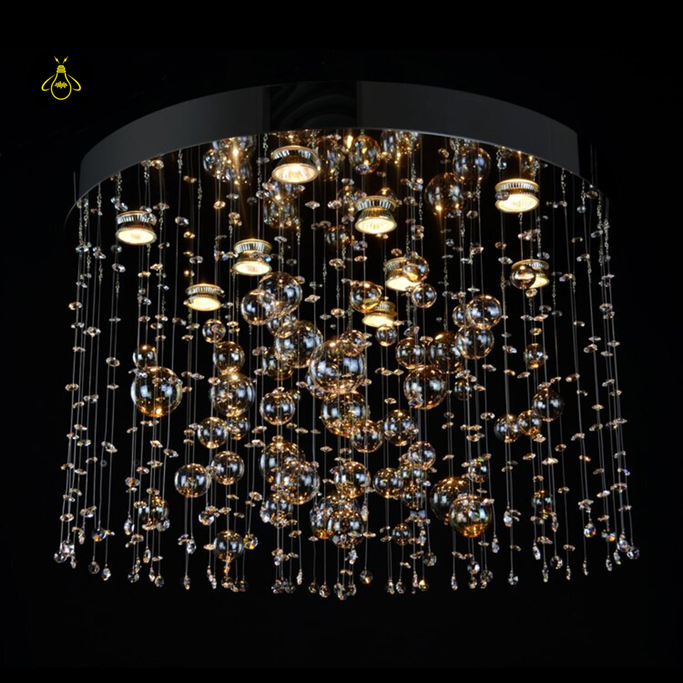 Crystal Raut Ball Chandelier with Stainless Steel Mirror, Gold/Black Finish, for Living Room or Dining Room