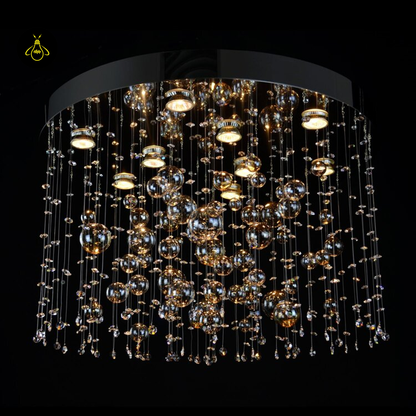 Crystal Raut Ball Chandelier with Stainless Steel Mirror, Gold/Black Finish, for Living Room or Dining Room