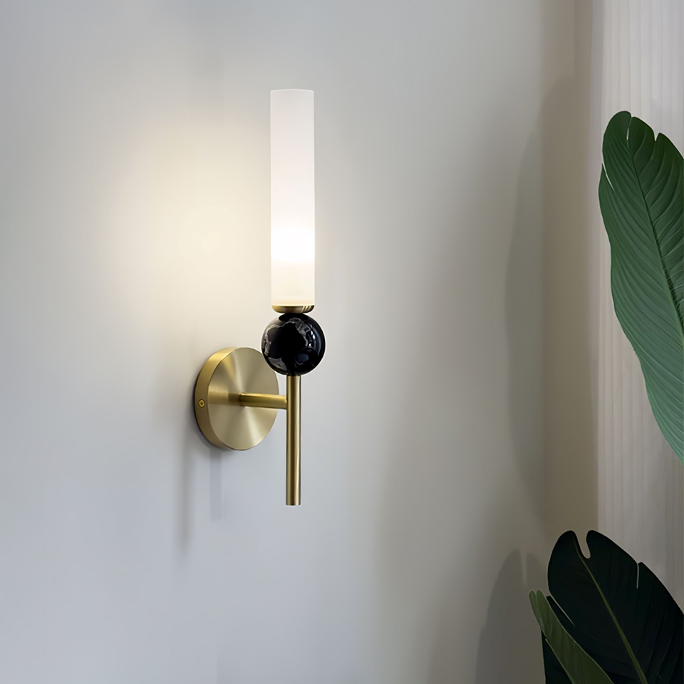 Jagmag Modern Wall Sconce with Marble Sphere, Brass Finish, and Acrylic Diffuser, 45.3" High