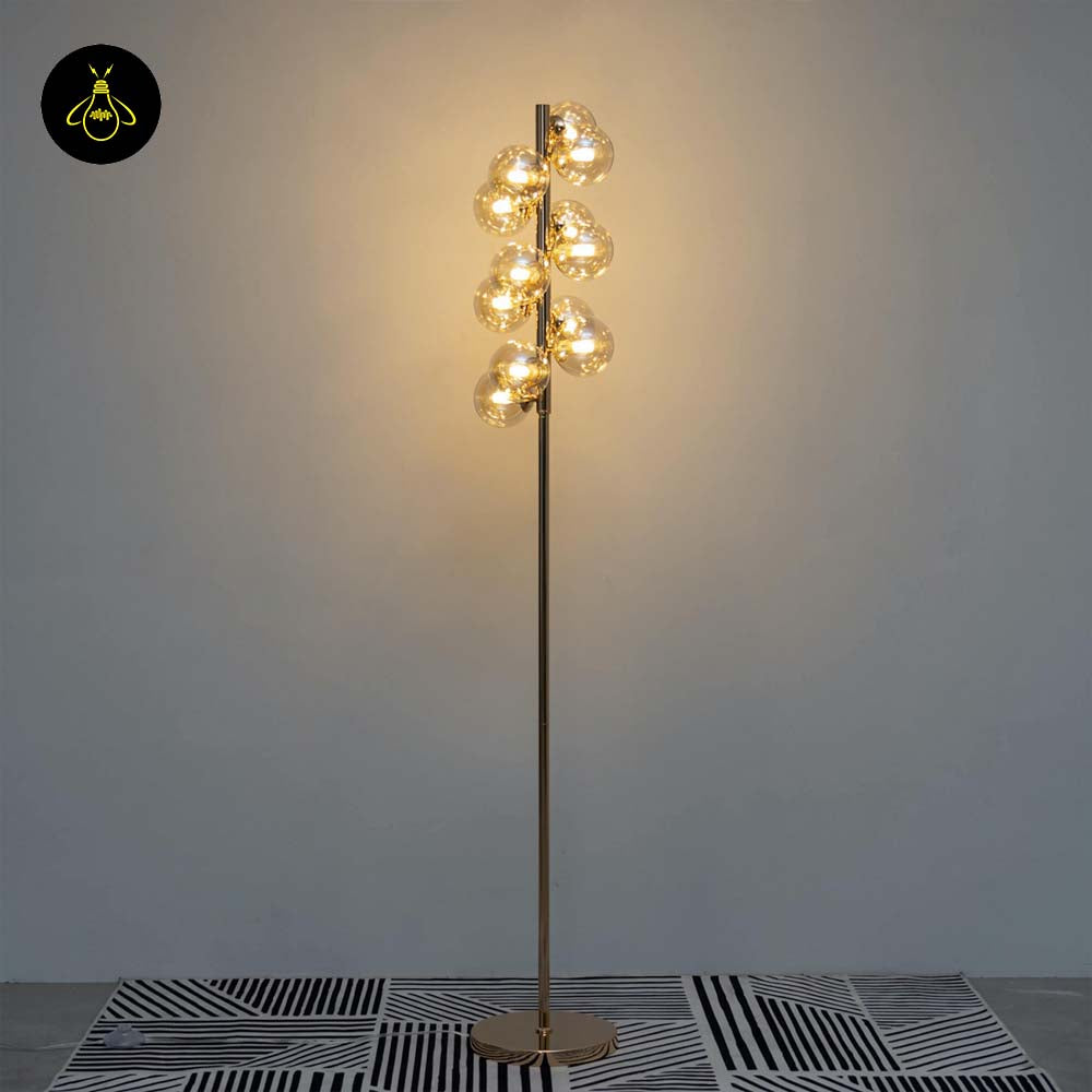 Gilded Stainless Steel Floor Lamp – Amber Glass Spheres | Gilded Floor Lamp for Living Rooms, Bedrooms | Jagmag Lights