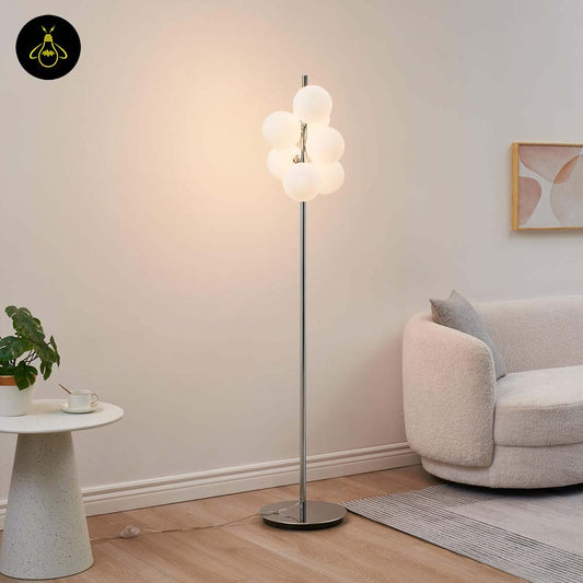 Chrome Floor Lamp with 7 Glass Spheres – Polished Chrome | Designer Floor Lamp for Living Room | Jagmag Lights
