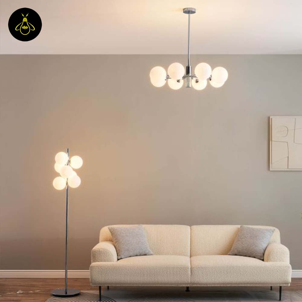 Chrome Floor Lamp with 7 Glass Spheres – Polished Chrome | Designer Floor Lamp for Living Room | Jagmag Lights