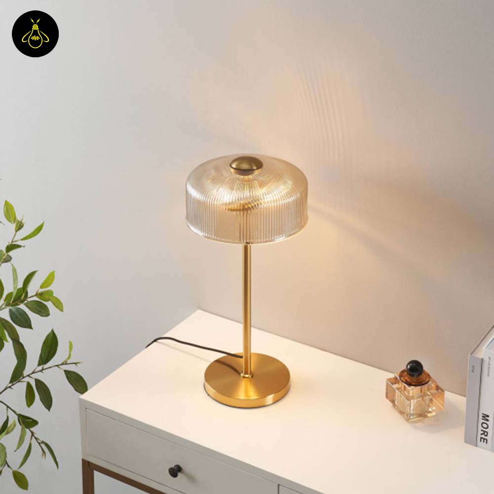 Brass and Ribbed Amber Glass Table Lamp – Vintage Design | Vintage Table Lamp for Living Room, Bedroom | Jagmag Lights
