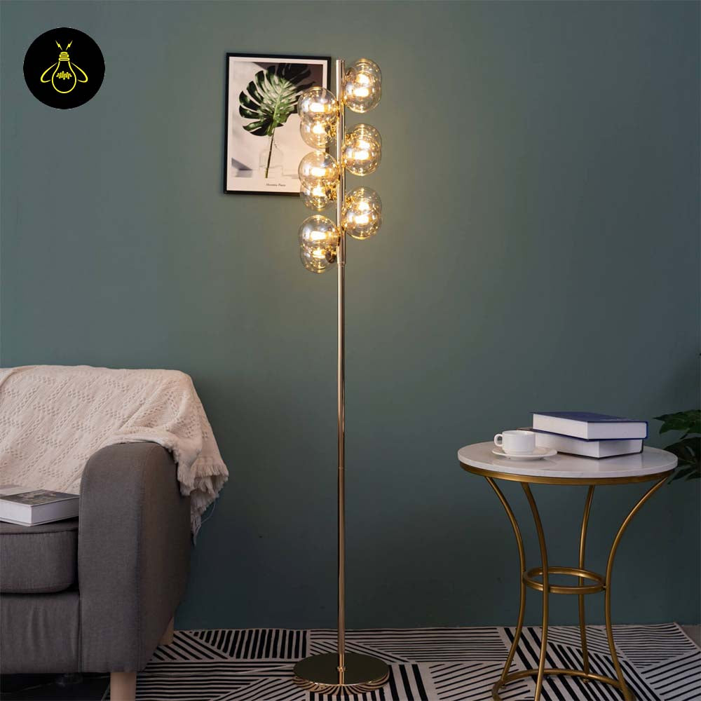 Gilded Stainless Steel Floor Lamp – Amber Glass Spheres | Gilded Floor Lamp for Living Rooms, Bedrooms | Jagmag Lights
