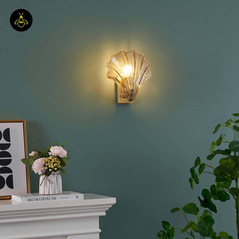 Stainless Steel & Glass Wall Lamp – Gold Shell Design | Decorative Wall Light for Living Room, Hallways | Jagmag Lights